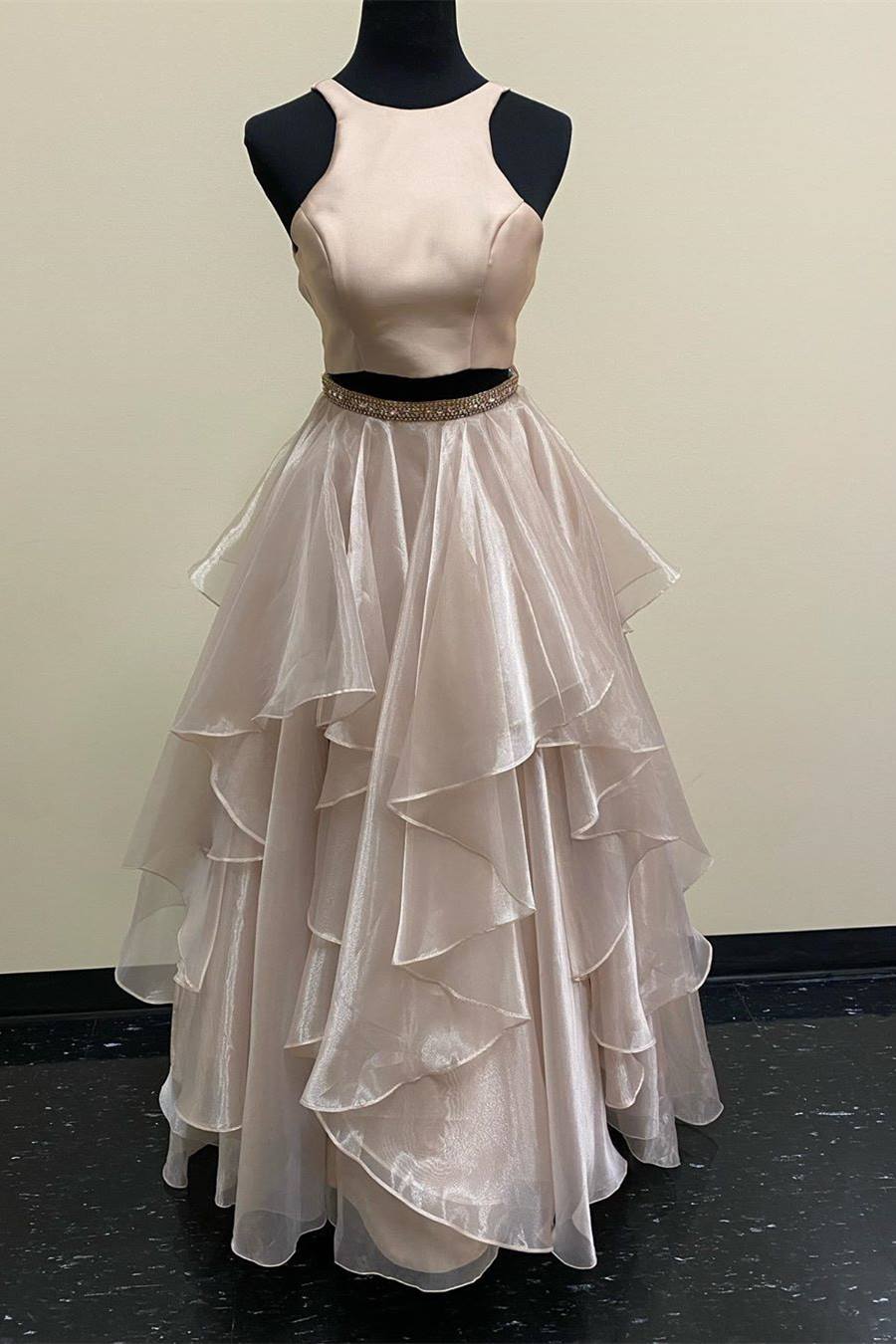 Two Piece Cascading Ruffles Long Champagne Prom Dress – FancyVestido