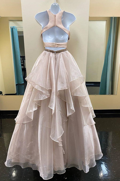 Two Piece Cascading Ruffles Long Champagne Prom Dress