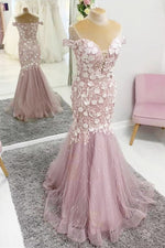 Off the Shoulder Blush Pink Mermaid Prom Dress with Appliques