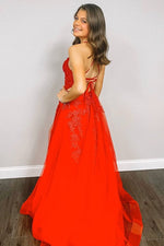 Lace-Up Back V-Neck Red Long Prom Dress with Appliques
