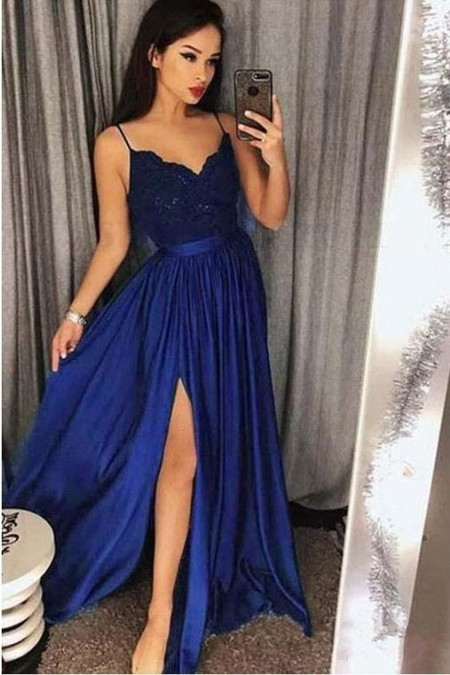 Elegant A-line Appliqued Dark Blue Long Prom Dress