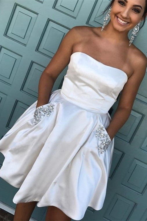 Strapless White Homecoming Dress with Beaded Pockets FancyVestido Strapless White Homecoming Dress with Beaded Pockets FancyVestido