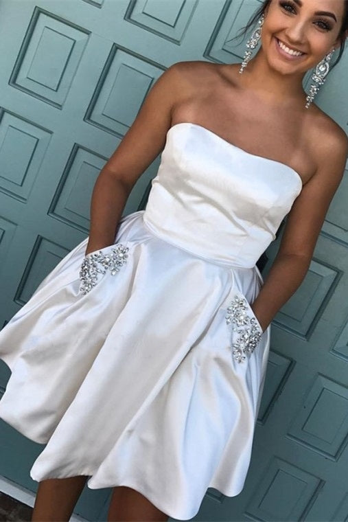 Strapless White Homecoming Dress with Beaded Pockets