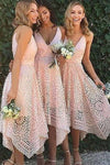 Asymmetrical V-Neck Pink Lace Bridesmaid Dress