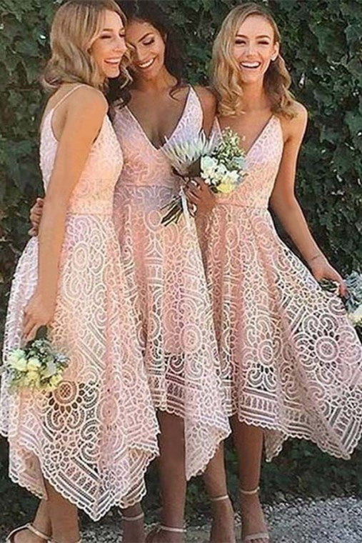 Asymmetrical V-Neck Pink Lace Bridesmaid Dress