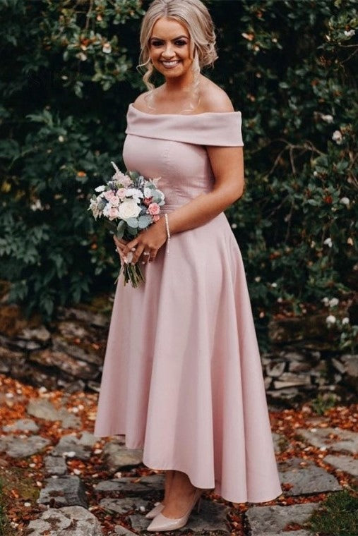 Elegant A-line Off Shoulder Pink Long Bridesmaid Dress