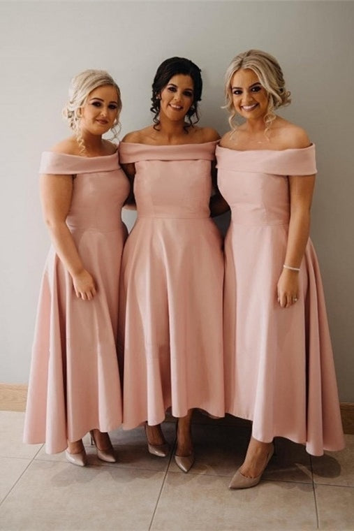 Elegant A-line Off Shoulder Pink Long Bridesmaid Dress