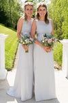Modest Jewel Silver Long Bridesmaid Dress with Belt