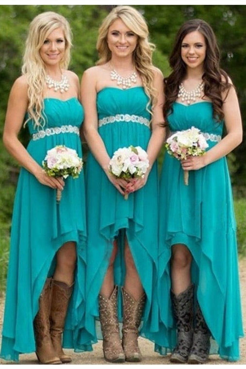 High Low Strapless Turquoise Chiffon Bridesmaid Dress with Belt – FancyVestido High Low Strapless Turquoise Chiffon Bridesmaid Dress with Belt – FancyVestido