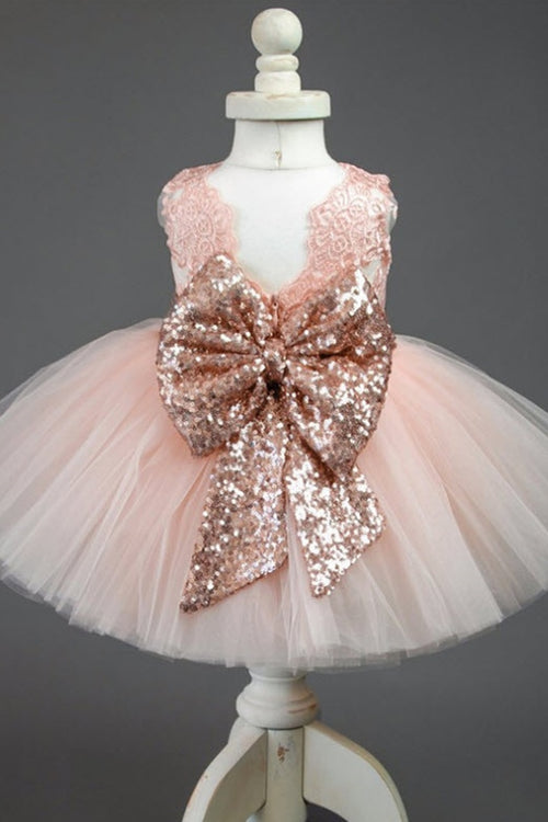 Cute Appliqued Rose Gold Flower Girl Dress with Bow Knot