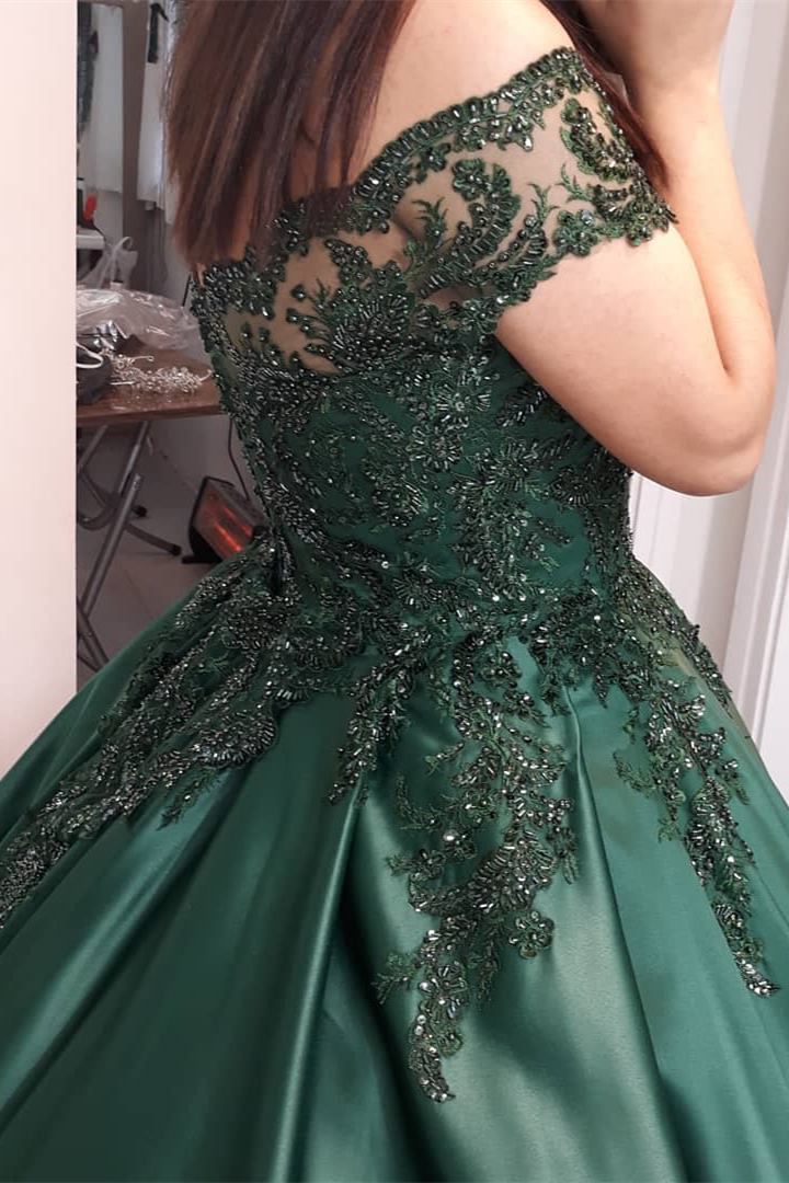 Princess Off-the-Shoulder Dark Green Wedding Dress with Appliques