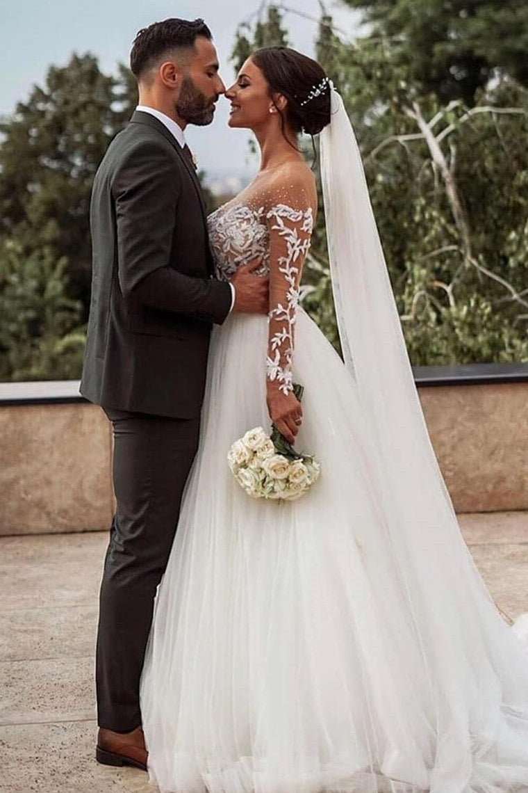 Gorgeous Long Sleeves White Wedding Dress with Appliques FancyVestido Gorgeous Long Sleeves White Wedding Dress with Appliques FancyVestido