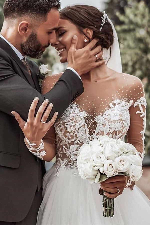 Gorgeous Long Sleeves White Wedding Dress with Appliques