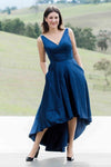 High Low V-Neck Royal Blue Evening Dress with Pockets