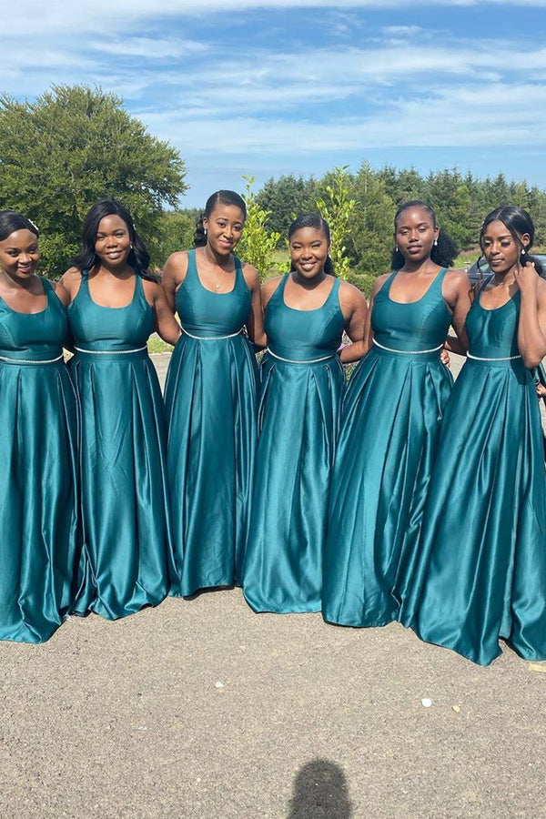Elegant Square A-line Long Teal Bridesmaid Dress with Belt