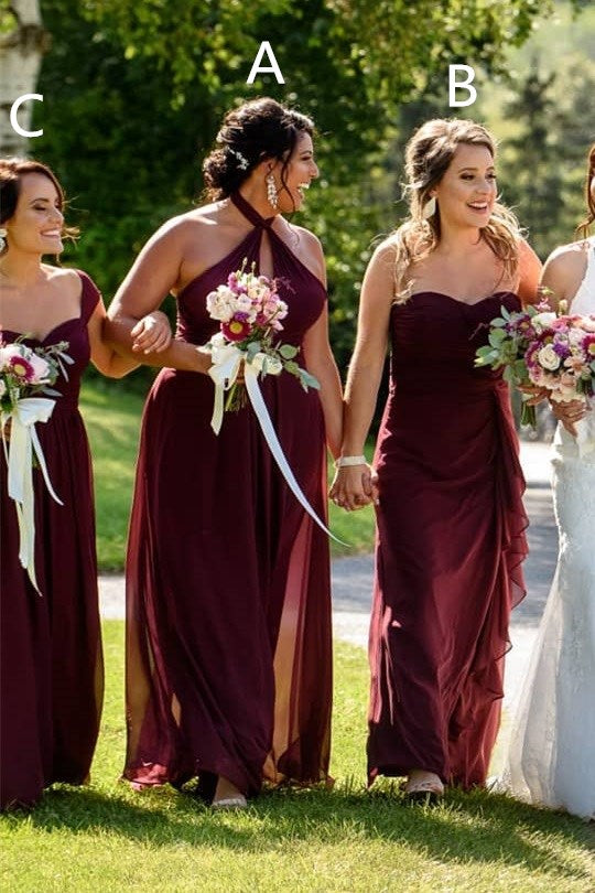 Mismatched Long Burgundy Chiffon Bridesmaid Dress FancyVestido Mismatched Long Burgundy Chiffon Bridesmaid Dress FancyVestido