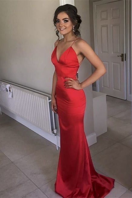 Sexy V-Neck Mermaid Long Red Prom Dress