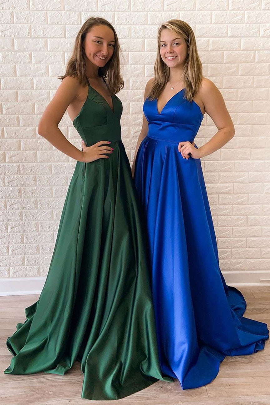 Simple V Neck Royal Blue Long Prom Dress with Tie Back – FancyVestido