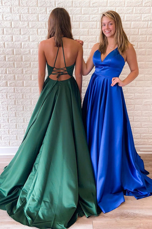 Simple V Neck Royal Blue Long Prom Dress with Tie Back