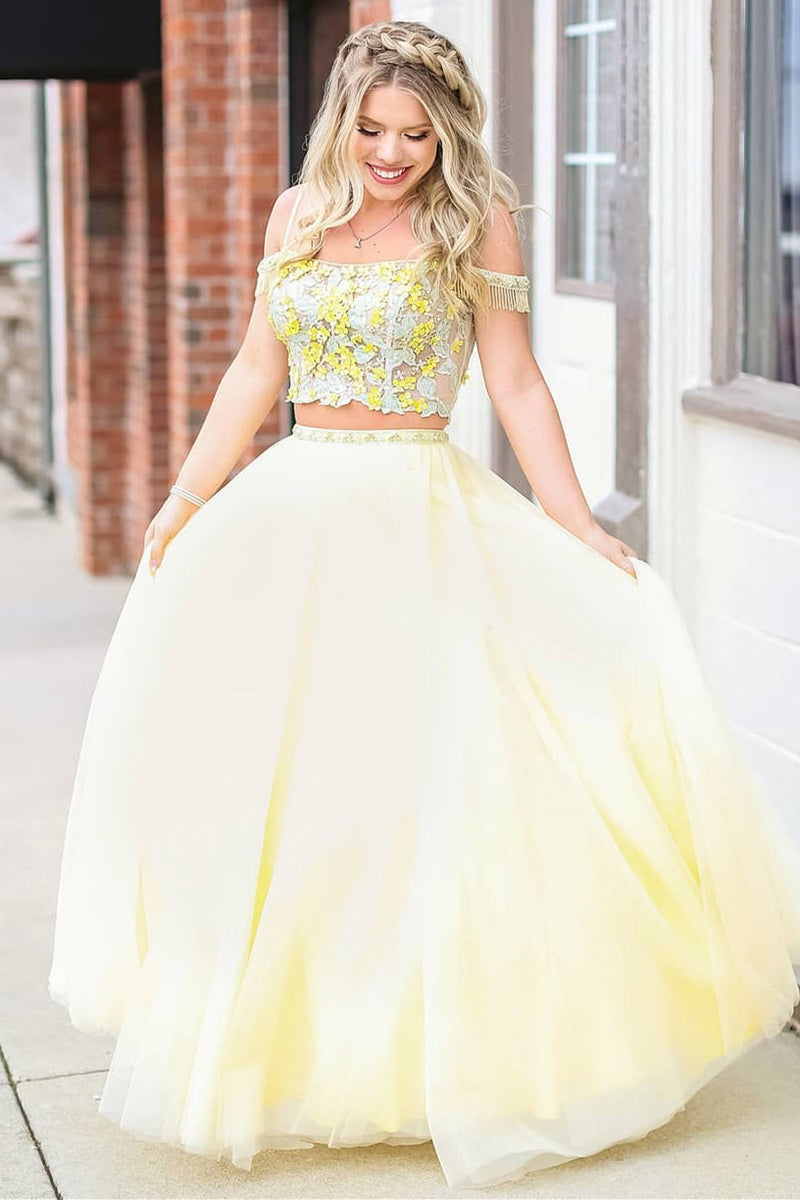 Elegant Two Piece Yellow Prom Dress with Lace Top