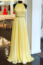Halter Yellow Long Prom Dress with Beaded Belt