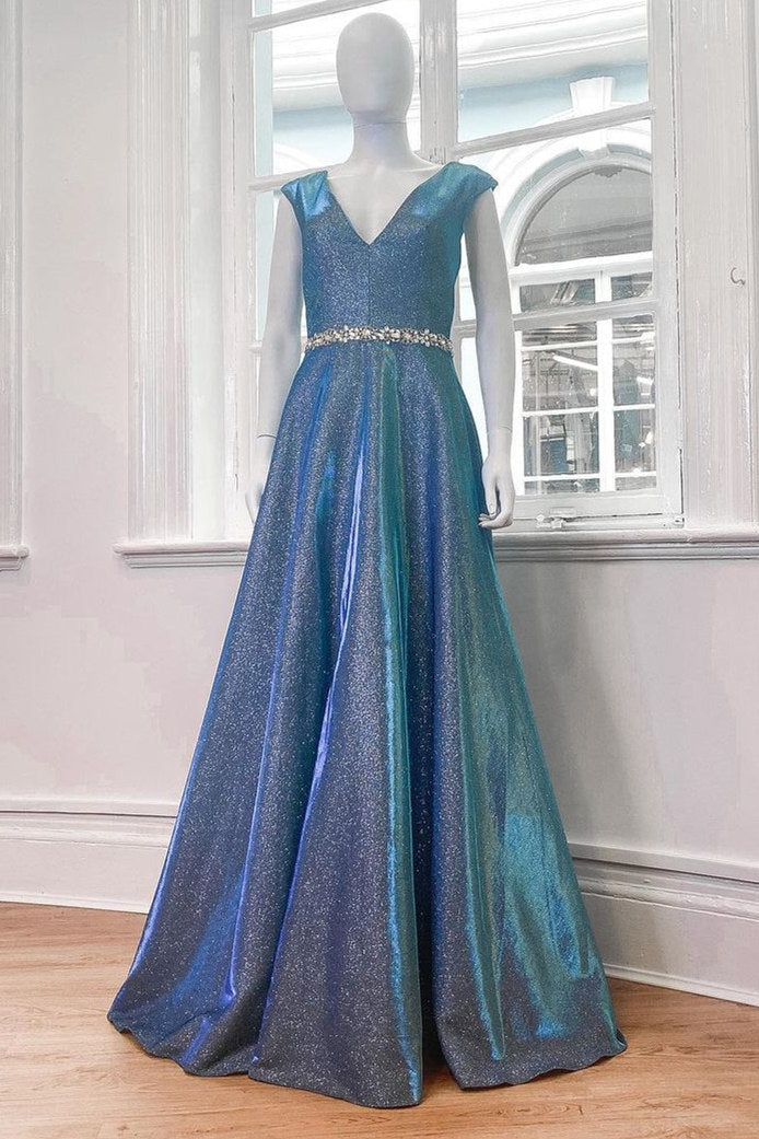 Sparkle V-Neck Sleeveless Long Prom Dress with Beaded Belt