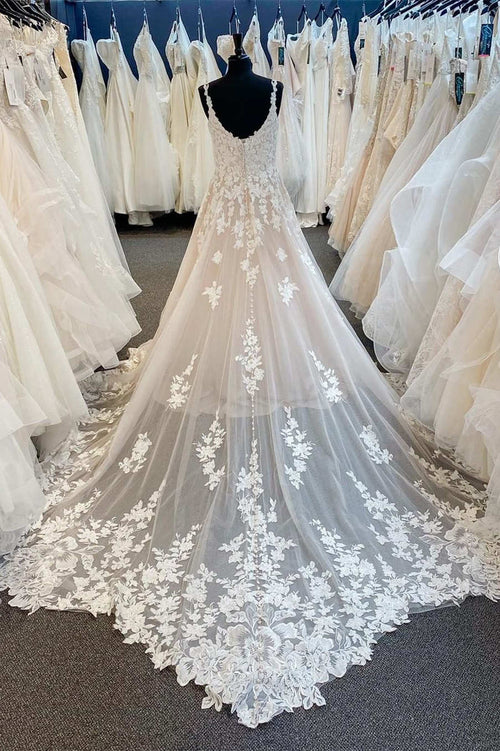 Ivory V-Neck Appliqued Long Wedding Dress