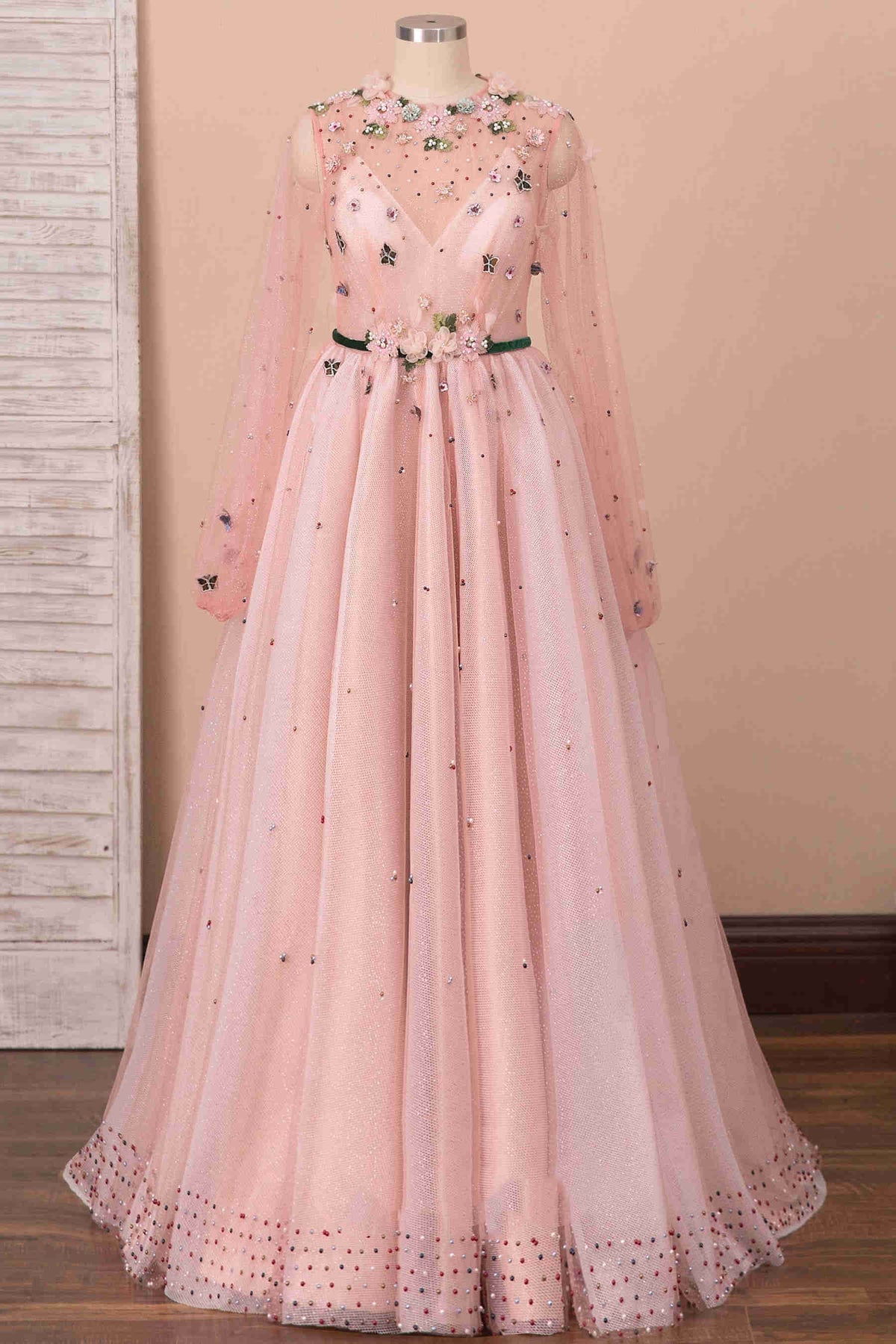 A-Line Peach Pink Illusion Neck Beaded Tulle Prom Dress