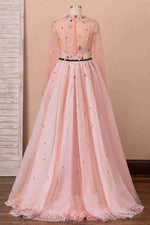 A-Line Peach Pink Illusion Neck Beaded Tulle Prom Dress