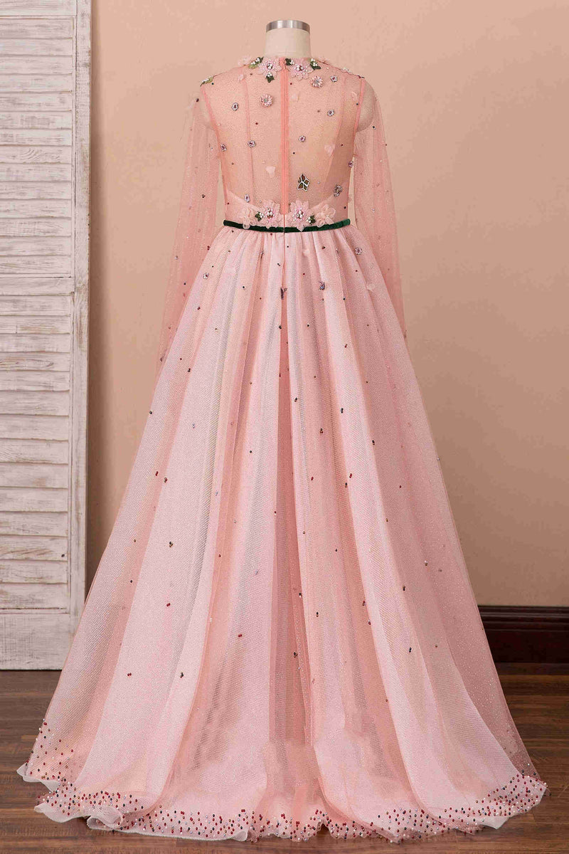 A-Line Peach Pink Illusion Neck Beaded Tulle Prom Dress