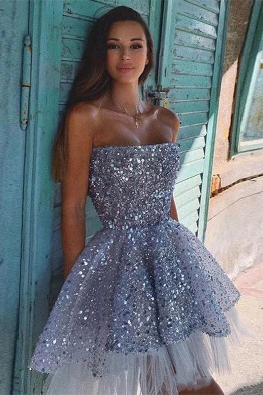 Sparkle Strapless Silver Sequins Homecoming Dress FancyVestido Sparkle Strapless Silver Sequins Homecoming Dress FancyVestido