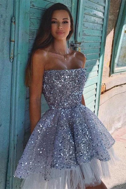 Sparkle Strapless Silver Sequins Homecoming Dress
