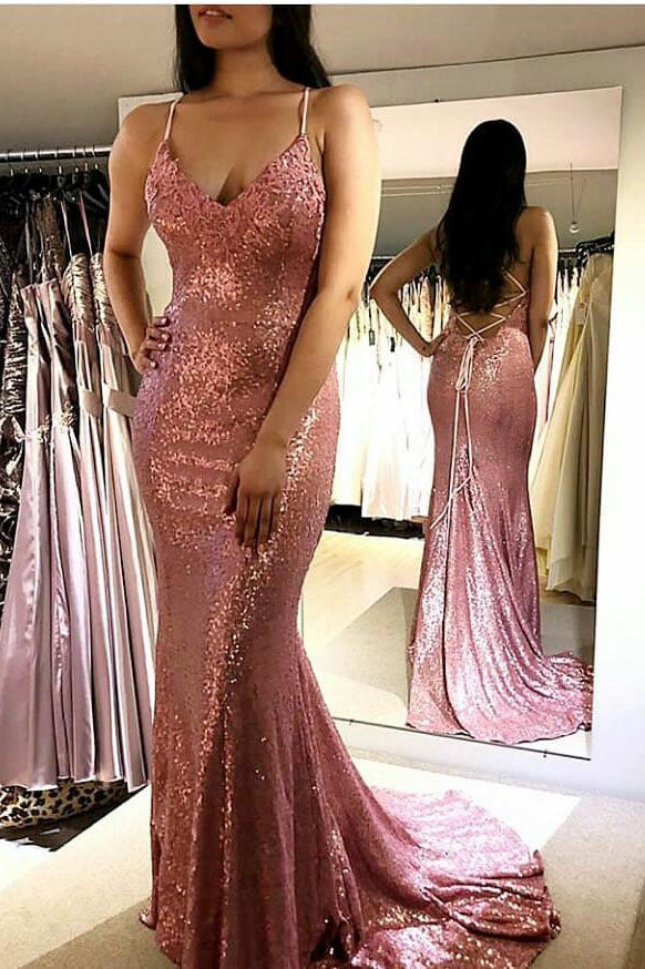 Sparkle Sequins Watermelon Mermaid Long Evening Dress