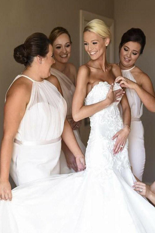 Mermaid Halter White Long Bridesmaid Dress with Sweep Train