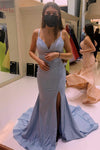 Spaghetti Straps Side Slit Light Blue Long Formal Dress