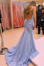 Spaghetti Straps Side Slit Light Blue Long Formal Dress