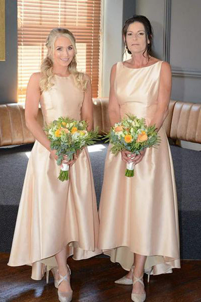 A-Line Hi-Low Gold Satin Bridesmaid Dress