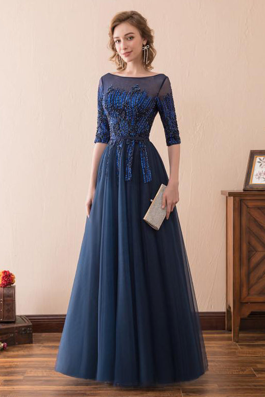 Half Sleeves Tulle Navy Blue Long Prom Dress with Sequins