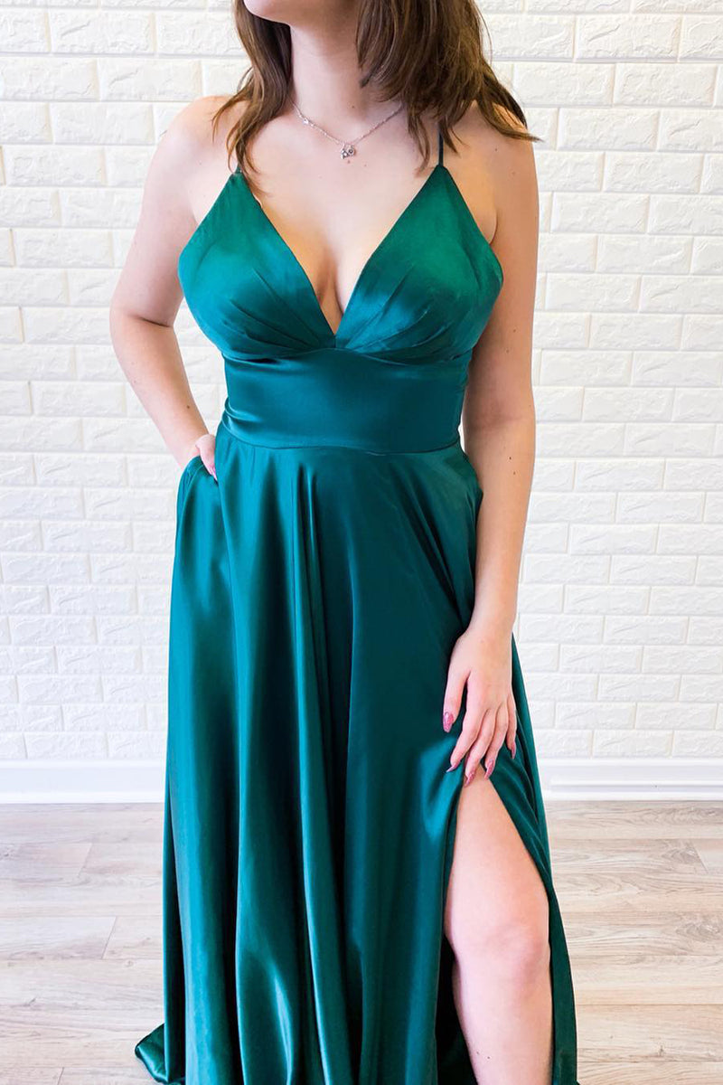 Empire Straps Teal Satin Long Prom Dress with Slit