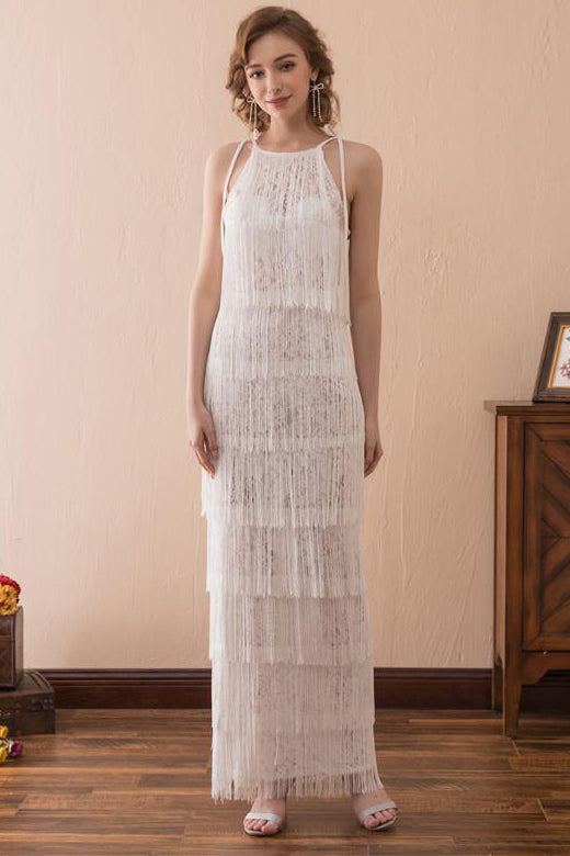 Ivory Boho Long Bridesmaid Dress with Tassel FancyVestido Ivory Boho Long Bridesmaid Dress with Tassel FancyVestido