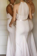 Mermaid Halter White Long Bridesmaid Dress with Sweep Train