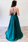 Empire Straps Teal Satin Long Prom Dress with Slit