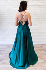 Empire Straps Teal Satin Long Prom Dress with Slit