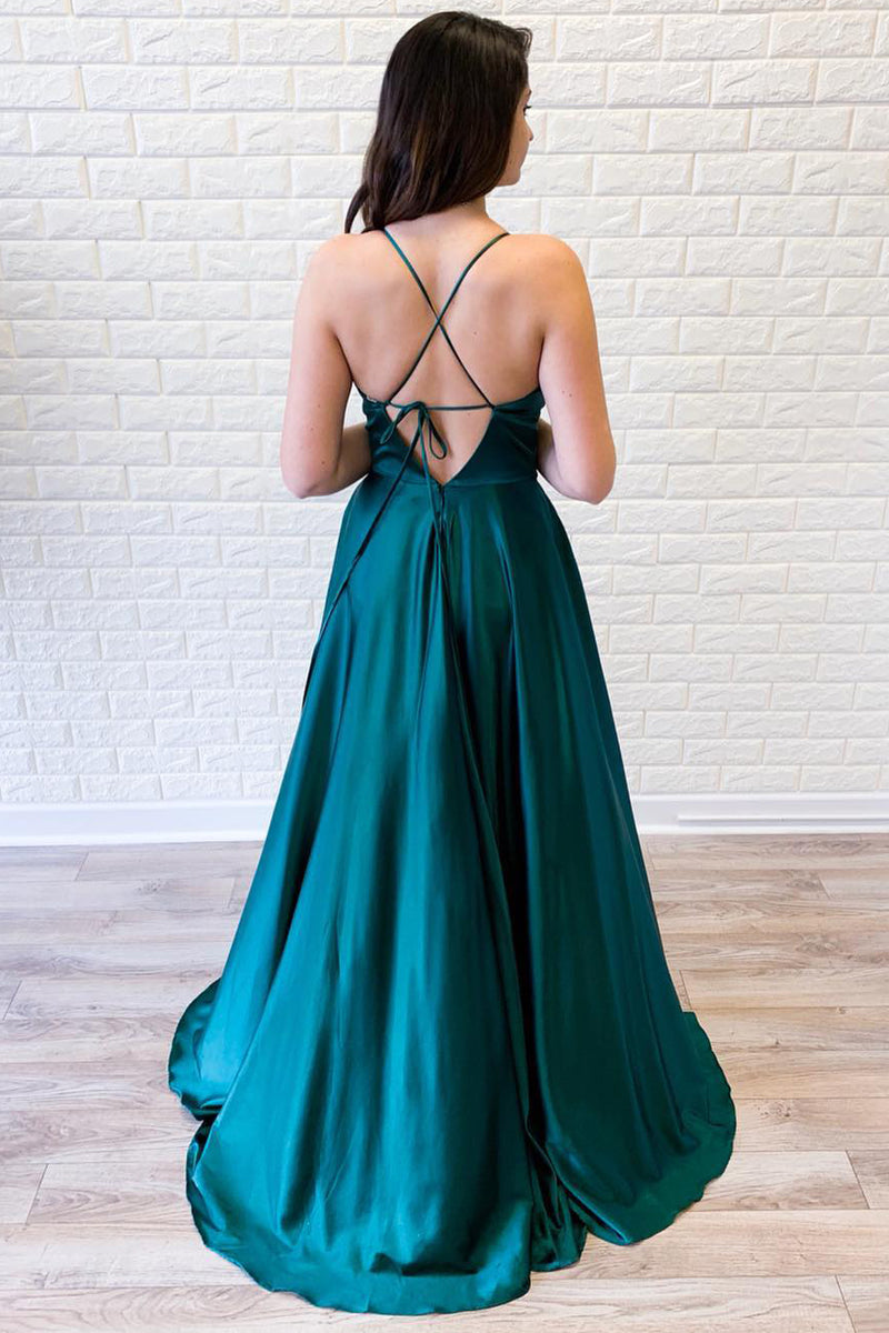 Empire Straps Teal Satin Long Prom Dress with Slit