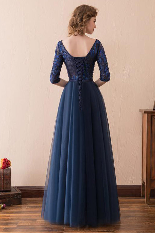Elegant Navy Blue Sequin Bodice A-Line Evening Gown