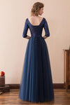 Half Sleeves Tulle Navy Blue Long Prom Dress with Sequins
