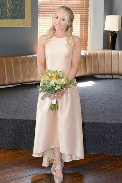 A-Line Hi-Low Gold Satin Bridesmaid Dress