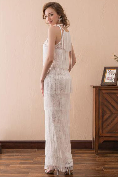 Ivory Boho Long Bridesmaid Dress with Tassel FancyVestido Ivory Boho Long Bridesmaid Dress with Tassel FancyVestido