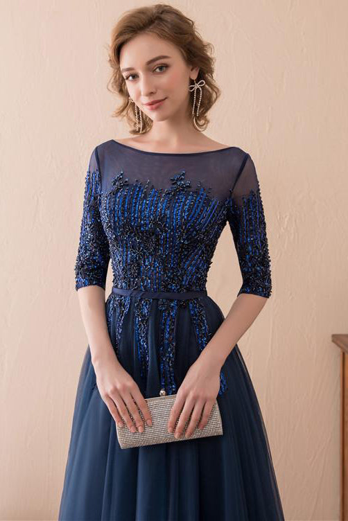 Elegant Navy Blue Sequin Bodice A-Line Evening Gown