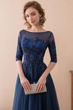 Half Sleeves Tulle Navy Blue Long Prom Dress with Sequins